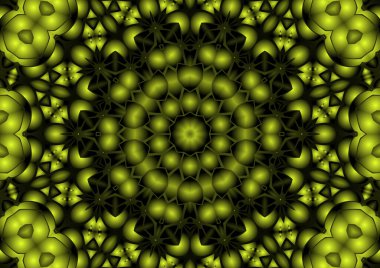 Dijital illüstrasyon, geometrik soyut renkli kaleydoskop simetrik desen ve gradyan etkisi. Klasik güzel dekoratif sarı arkaplan