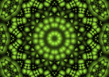 Dijital illüstrasyon, geometrik soyut renkli kaleydoskop simetrik desen ve gradyan etkisi. Klasik güzel dekoratif yeşil arkaplan