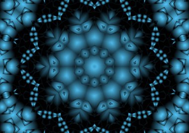 Dijital illüstrasyon, geometrik soyut renkli kaleydoskop simetrik desen ve gradyan etkisi. Klasik güzel dekoratif mavi arkaplan