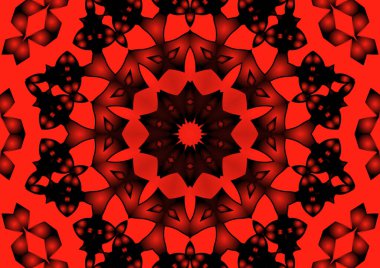 Dijital illüstrasyon, geometrik soyut renkli kaleydoskop simetrik desen ve gradyan etkisi. Klasik güzel dekoratif kırmızı arkaplan