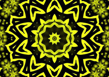 Dijital illüstrasyon, geometrik soyut renkli kaleydoskop simetrik desen ve gradyan etkisi. Klasik güzel dekoratif sarı arkaplan