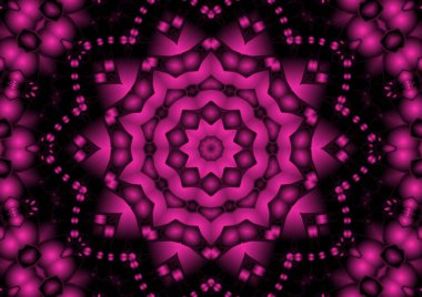 Dijital illüstrasyon, geometrik soyut renkli kaleydoskop simetrik desen ve gradyan etkisi. Klasik güzel dekoratif pembe arkaplan