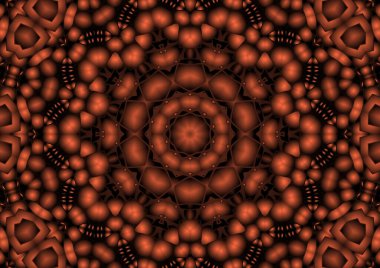 Dijital illüstrasyon, geometrik soyut renkli kaleydoskop simetrik desen ve gradyan etkisi. Klasik güzel dekoratif kırmızı arkaplan