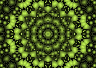 Dijital illüstrasyon, geometrik soyut renkli kaleydoskop simetrik desen ve gradyan etkisi. Klasik güzel dekoratif sarı arkaplan