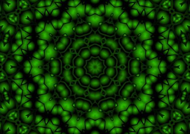 Dijital illüstrasyon, geometrik soyut renkli kaleydoskop simetrik desen ve gradyan etkisi. Klasik güzel dekoratif yeşil arkaplan