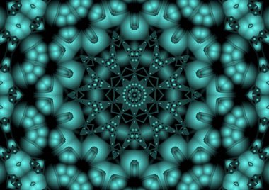 Dijital illüstrasyon, geometrik soyut renkli kaleydoskop simetrik desen ve gradyan etkisi. Klasik güzel dekoratif mavi arkaplan