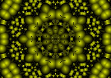 Dijital illüstrasyon, geometrik soyut renkli kaleydoskop simetrik desen ve gradyan etkisi. Klasik güzel dekoratif sarı arkaplan