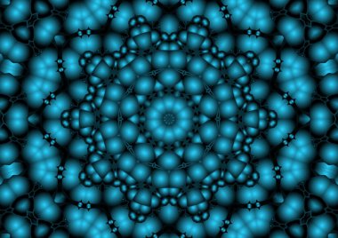 Dijital illüstrasyon, geometrik soyut renkli kaleydoskop simetrik desen ve gradyan etkisi. Klasik güzel dekoratif mavi arkaplan