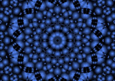 Dijital illüstrasyon, geometrik soyut renkli kaleydoskop simetrik desen ve gradyan etkisi. Klasik güzel dekoratif mavi arkaplan