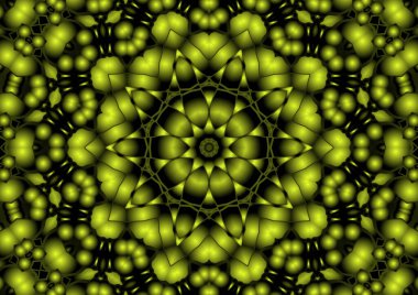 Dijital illüstrasyon, geometrik soyut renkli kaleydoskop simetrik desen ve gradyan etkisi. Klasik güzel dekoratif sarı arkaplan