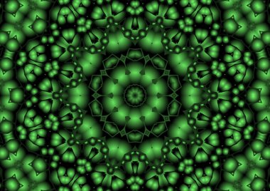 Dijital illüstrasyon, geometrik soyut renkli kaleydoskop simetrik desen ve gradyan etkisi. Klasik güzel dekoratif yeşil arkaplan