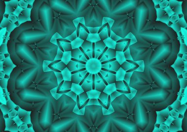 Dijital illüstrasyon, geometrik soyut renkli kaleydoskop simetrik desen ve gradyan etkisi. Klasik güzel dekoratif mavi arkaplan