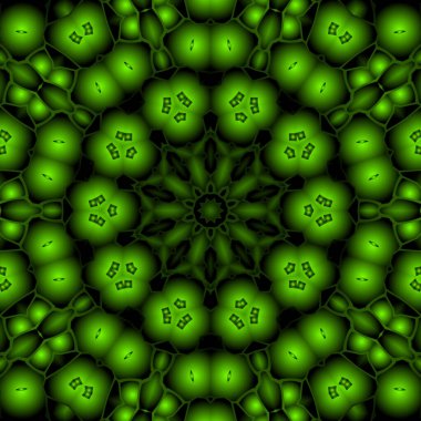 Dijital illüstrasyon, geometrik soyut renkli kaleydoskop simetrik desen ve gradyan etkisi. Klasik güzel dekoratif yeşil arkaplan