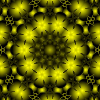 Dijital illüstrasyon, geometrik soyut renkli kaleydoskop simetrik desen ve gradyan etkisi. Klasik güzel dekoratif sarı arkaplan