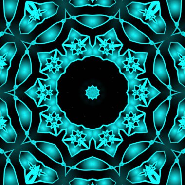 Dijital illüstrasyon, geometrik soyut renkli kaleydoskop simetrik desen ve gradyan etkisi. Klasik güzel dekoratif mavi arkaplan