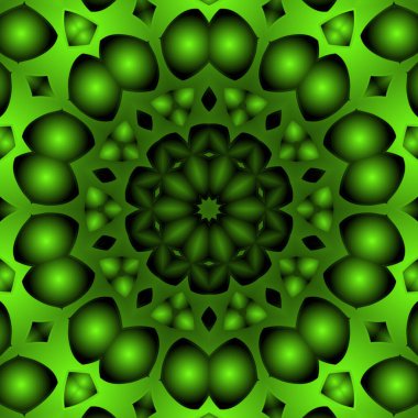 Dijital illüstrasyon, geometrik soyut renkli kaleydoskop simetrik desen ve gradyan etkisi. Klasik güzel dekoratif yeşil arkaplan