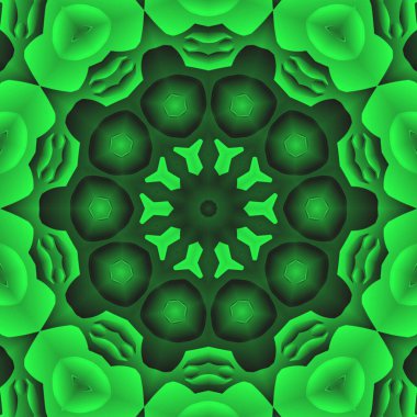Dijital illüstrasyon, geometrik soyut renkli kaleydoskop simetrik desen ve gradyan etkisi. Klasik güzel dekoratif yeşil arkaplan