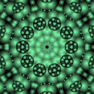 Dijital illüstrasyon, geometrik soyut renkli kaleydoskop simetrik desen ve gradyan etkisi. Klasik güzel dekoratif yeşil arkaplan