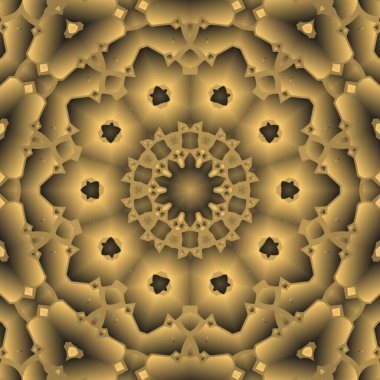 Dijital illüstrasyon, geometrik soyut renkli kaleydoskop simetrik desen ve gradyan etkisi. Klasik güzel dekoratif sarı arkaplan