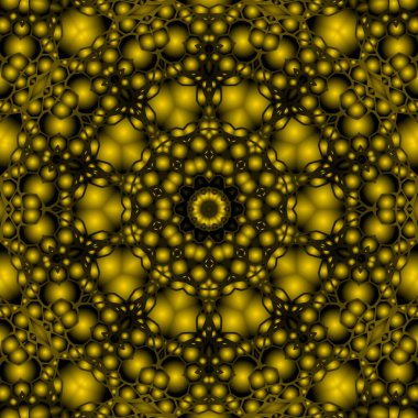 Dijital illüstrasyon, geometrik soyut renkli kaleydoskop simetrik desen ve gradyan etkisi. Klasik güzel dekoratif sarı arkaplan