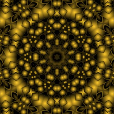 Dijital illüstrasyon, geometrik soyut renkli kaleydoskop simetrik desen ve gradyan etkisi. Klasik güzel dekoratif sarı arkaplan