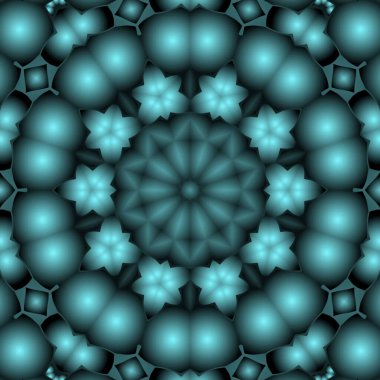 Dijital illüstrasyon, geometrik soyut renkli kaleydoskop simetrik desen ve gradyan etkisi. Klasik güzel dekoratif mavi arkaplan