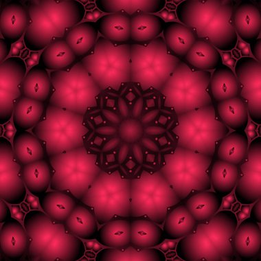 Dijital illüstrasyon, geometrik soyut renkli kaleydoskop simetrik desen ve gradyan etkisi. Klasik güzel dekoratif kırmızı arkaplan