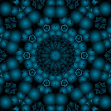 Dijital illüstrasyon, geometrik soyut renkli kaleydoskop simetrik desen ve gradyan etkisi. Klasik güzel dekoratif mavi arkaplan