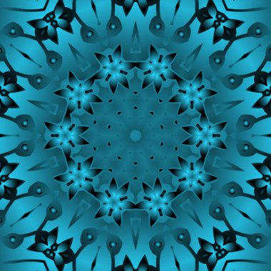 Dijital illüstrasyon, geometrik soyut renkli kaleydoskop simetrik desen ve gradyan etkisi. Klasik güzel dekoratif mavi arkaplan