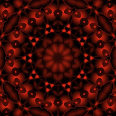 Dijital illüstrasyon, geometrik soyut renkli kaleydoskop simetrik desen ve gradyan etkisi. Klasik güzel dekoratif kırmızı arkaplan