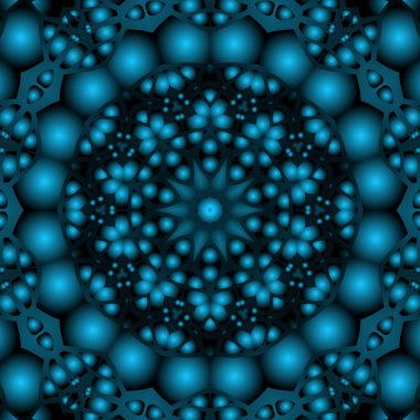 Dijital illüstrasyon, geometrik soyut renkli kaleydoskop simetrik desen ve gradyan etkisi. Klasik güzel dekoratif mavi arkaplan