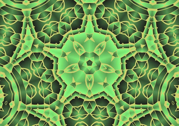 Dijital illüstrasyon, geometrik soyut renkli kaleydoskop simetrik desen ve gradyan etkisi. Klasik güzel dekoratif yeşil arkaplan