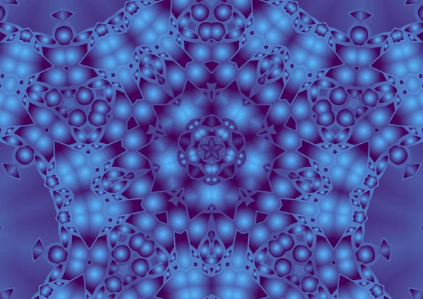 Dijital illüstrasyon, geometrik soyut renkli kaleydoskop simetrik desen ve gradyan etkisi. Klasik güzel dekoratif mavi arkaplan