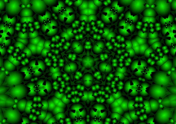 Dijital illüstrasyon, geometrik soyut renkli kaleydoskop simetrik desen ve gradyan etkisi. Klasik güzel dekoratif yeşil arkaplan