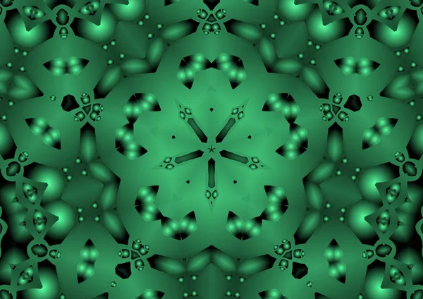 Dijital illüstrasyon, geometrik soyut renkli kaleydoskop simetrik desen ve gradyan etkisi. Klasik güzel dekoratif yeşil arkaplan