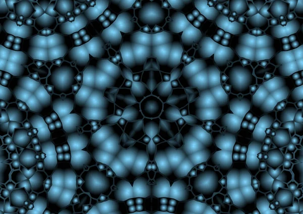 Dijital illüstrasyon, geometrik soyut renkli kaleydoskop simetrik desen ve gradyan etkisi. Klasik güzel dekoratif mavi arkaplan