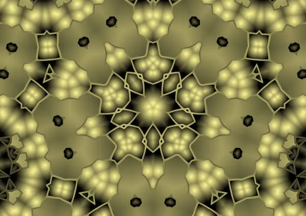 Dijital illüstrasyon, geometrik soyut renkli kaleydoskop simetrik desen ve gradyan etkisi. Klasik güzel dekoratif sarı arkaplan