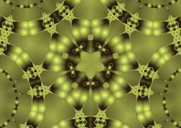 Dijital illüstrasyon, geometrik soyut renkli kaleydoskop simetrik desen ve gradyan etkisi. Klasik güzel dekoratif sarı arkaplan