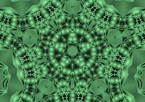 Dijital illüstrasyon, geometrik soyut renkli kaleydoskop simetrik desen ve gradyan etkisi. Klasik güzel dekoratif yeşil arkaplan