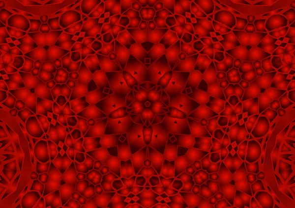 Dijital illüstrasyon, geometrik soyut renkli kaleydoskop simetrik desen ve gradyan etkisi. Klasik güzel dekoratif kırmızı arkaplan