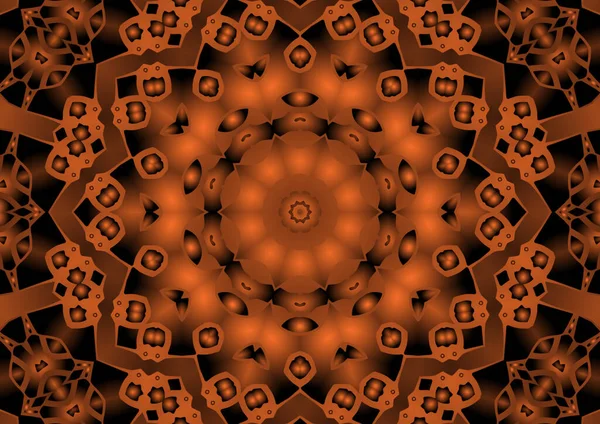 数字图像 几何抽象彩色万花筒对称图案 渐变效果 古色古香的装饰橙色背景 — 图库照片