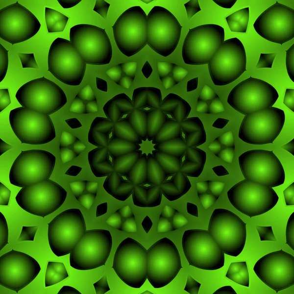 Dijital illüstrasyon, geometrik soyut renkli kaleydoskop simetrik desen ve gradyan etkisi. Klasik güzel dekoratif yeşil arkaplan