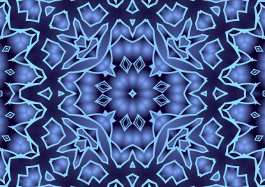 Dijital illüstrasyon, geometrik soyut renkli kaleydoskop simetrik desen ve gradyan etkisi. Klasik güzel dekoratif mavi arkaplan