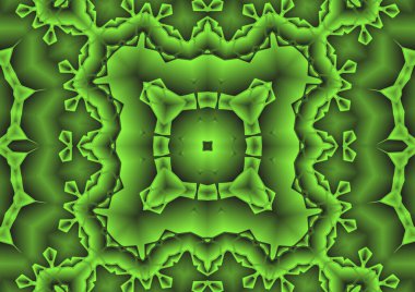 Dijital illüstrasyon, geometrik soyut renkli kaleydoskop simetrik desen ve gradyan etkisi. Klasik güzel dekoratif yeşil arkaplan