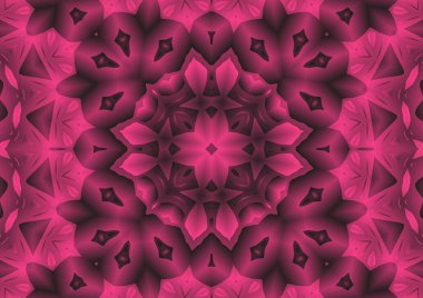 Dijital illüstrasyon, geometrik soyut renkli kaleydoskop simetrik desen ve gradyan etkisi. Klasik güzel dekoratif pembe arkaplan