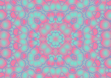 Dijital illüstrasyon, geometrik soyut renkli kaleydoskop simetrik desen ve gradyan etkisi. Klasik güzel dekoratif arkaplan