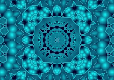 Dijital illüstrasyon, geometrik soyut renkli kaleydoskop simetrik desen ve gradyan etkisi. Klasik güzel dekoratif mavi arkaplan