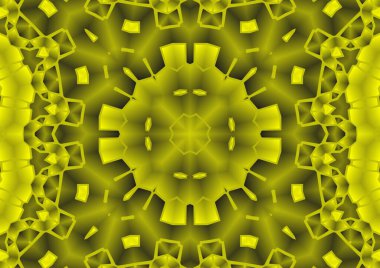 Dijital illüstrasyon, geometrik soyut renkli kaleydoskop simetrik desen ve gradyan etkisi. Klasik güzel dekoratif sarı arkaplan