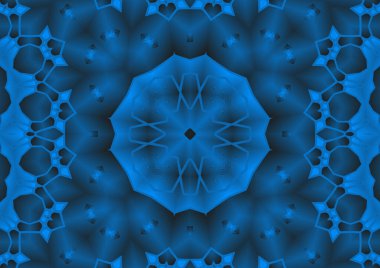 Dijital illüstrasyon, geometrik soyut renkli kaleydoskop simetrik desen ve gradyan etkisi. Klasik güzel dekoratif mavi arkaplan