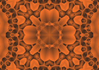 Dijital illüstrasyon, geometrik soyut renkli kaleydoskop simetrik desen ve gradyan etkisi. Klasik güzel dekoratif turuncu arka plan